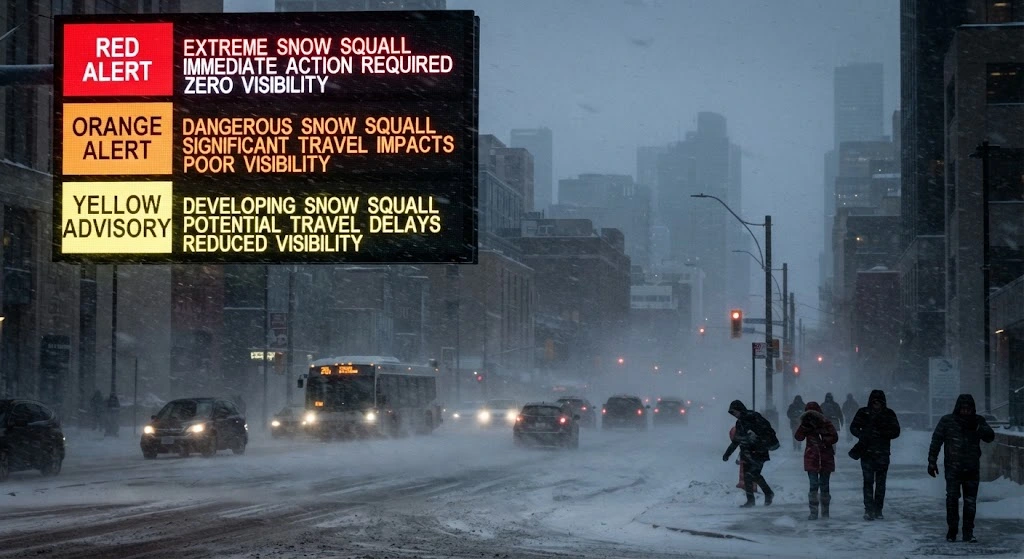 Snow Squall Warning: What It Means for Schools, Driving and Safety in the U.S. and Canada 1 Snow squall Yellow and Orange Alert Colours Indicate